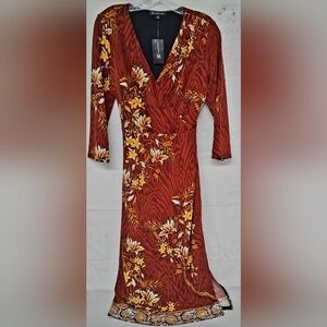 INC Sylvia Ikat Orange Yellow Floral Print Dress Size Medium